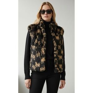 EXCLUSIF Rabbit Fur Leopard Print Large Vest Women Black Tan Zip Front